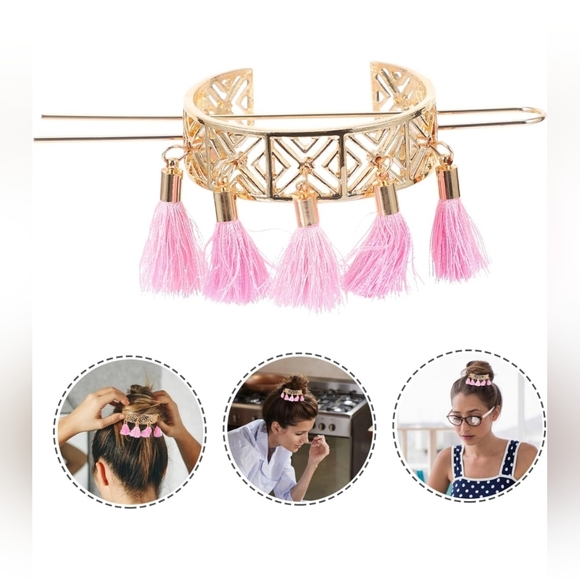 2pc Set Floral Hollow Boho Tassle Double Bun Holder - Picture 11 of 12